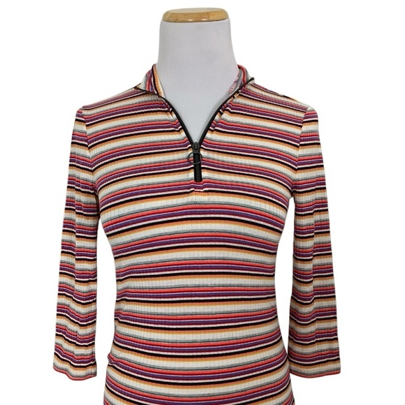 Express One Eleven Striped Ribbed Zip Neck Top 3/4 Sleeves Retro Size XS - Picture 4 of 16